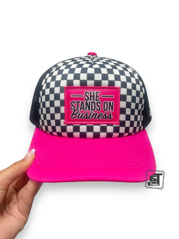 Pink Checkered Stand on Business Cap